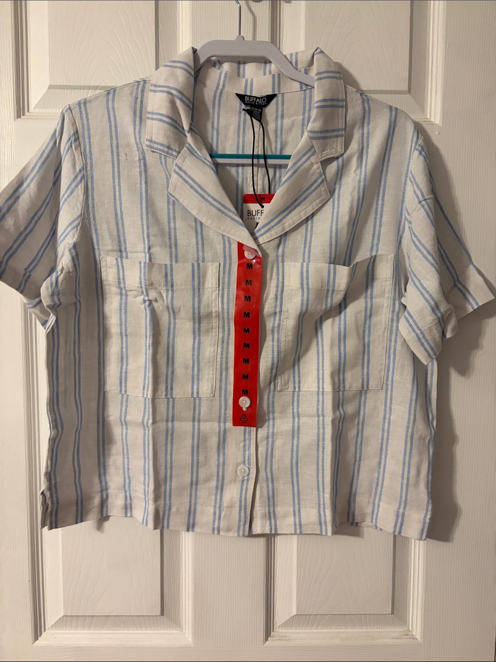 Buffalo David Bitton White and Light Blue Striped Short Sleeve Button-Up